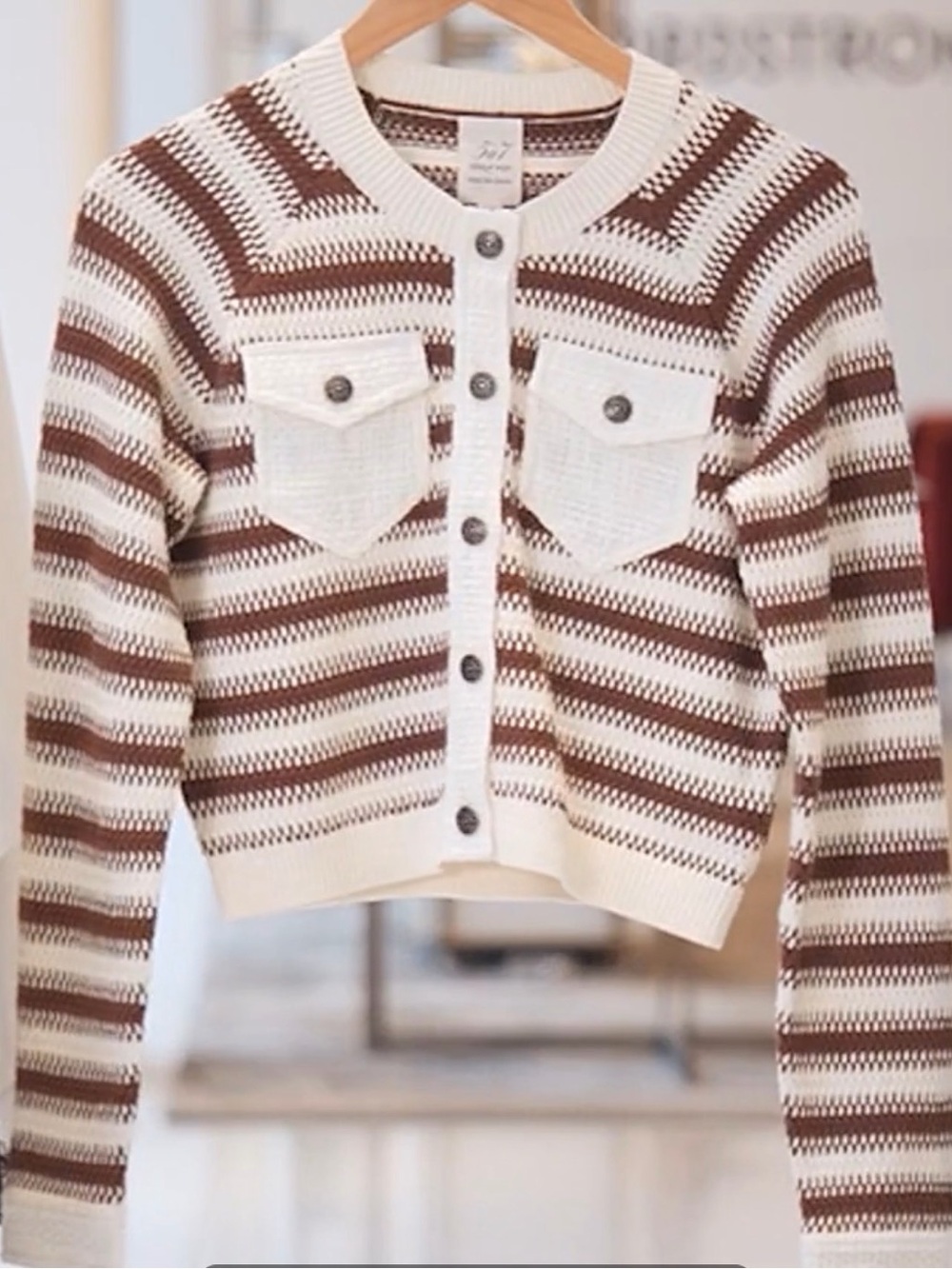 Cinq a Sept - Suki Cardigan Sweater striped - Brown & cream/white- Size L NEW
